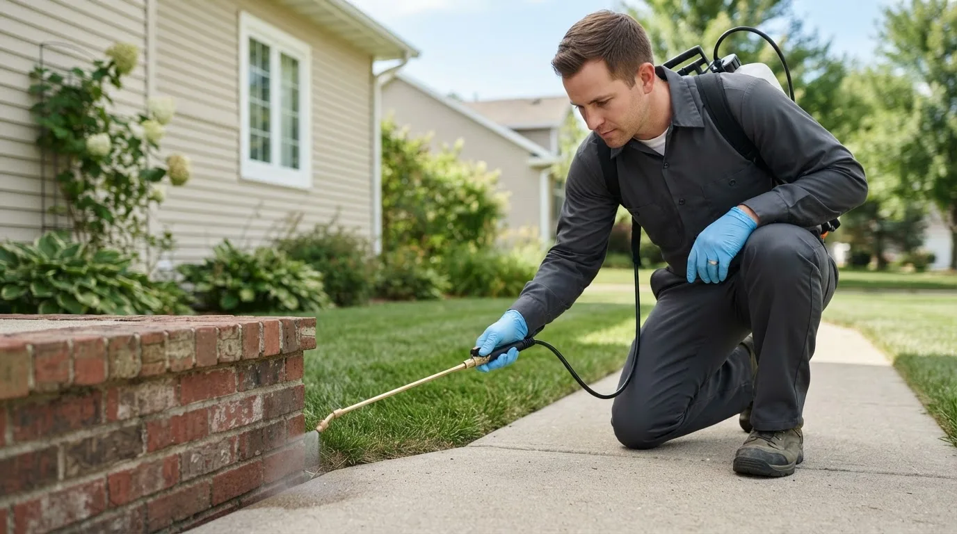 Pest control technician treating a home near Pembroke, GA